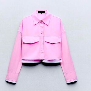 ZARA CROP OXFORD SHIRT, striped pastel pink